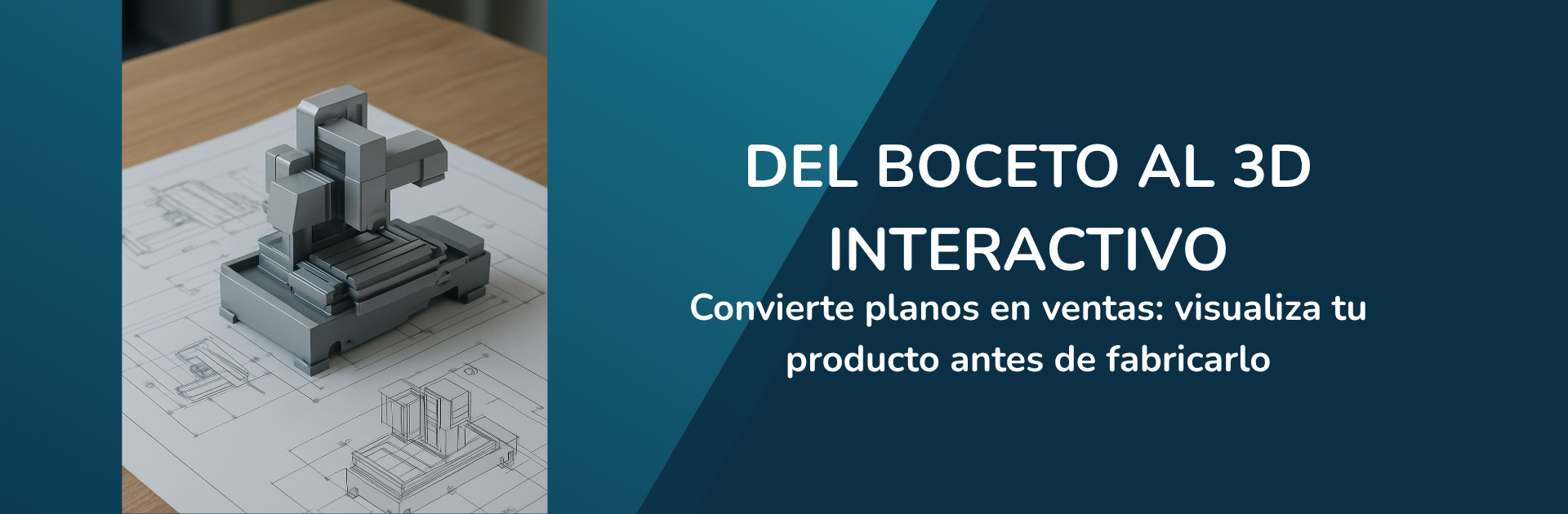 Plano técnico y modelo 3D de una máquina industrial sobre una mesa de trabajo
