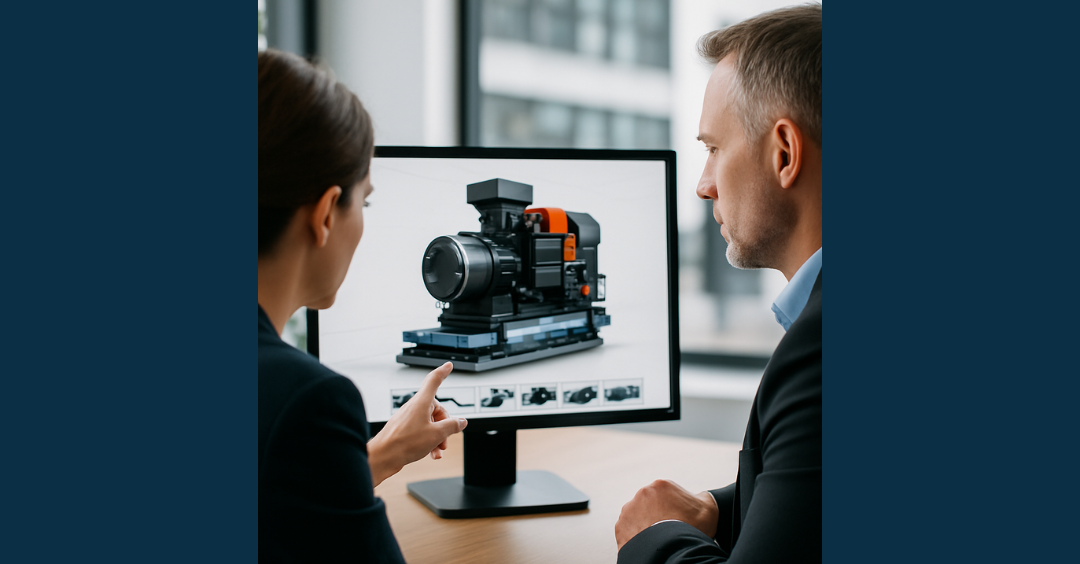 Dos profesionales analizan un modelo 3D de maquinaria industrial en una pantalla durante una reunión de estrategia de marketing visual B2B.