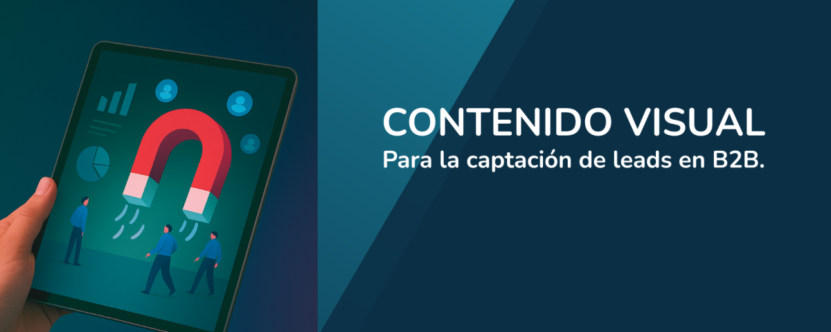 Mano sosteniendo una tablet que muestra una ilustración de atracción de leads mediante marketing visual digital B2B.